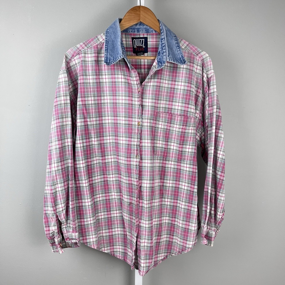 Vintage Quizz New York Shirt Top Womens‎ Size 20 Pink Plaid Denim Collar